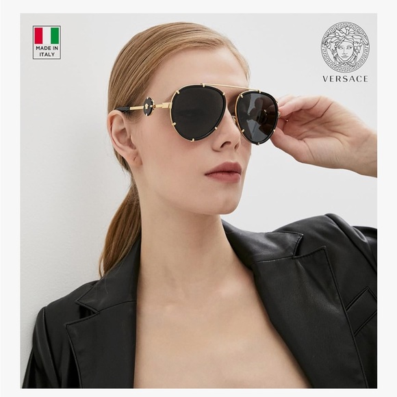 Versace Black & Gold Metal Aviator Sunglasses - Picture 7 of 7